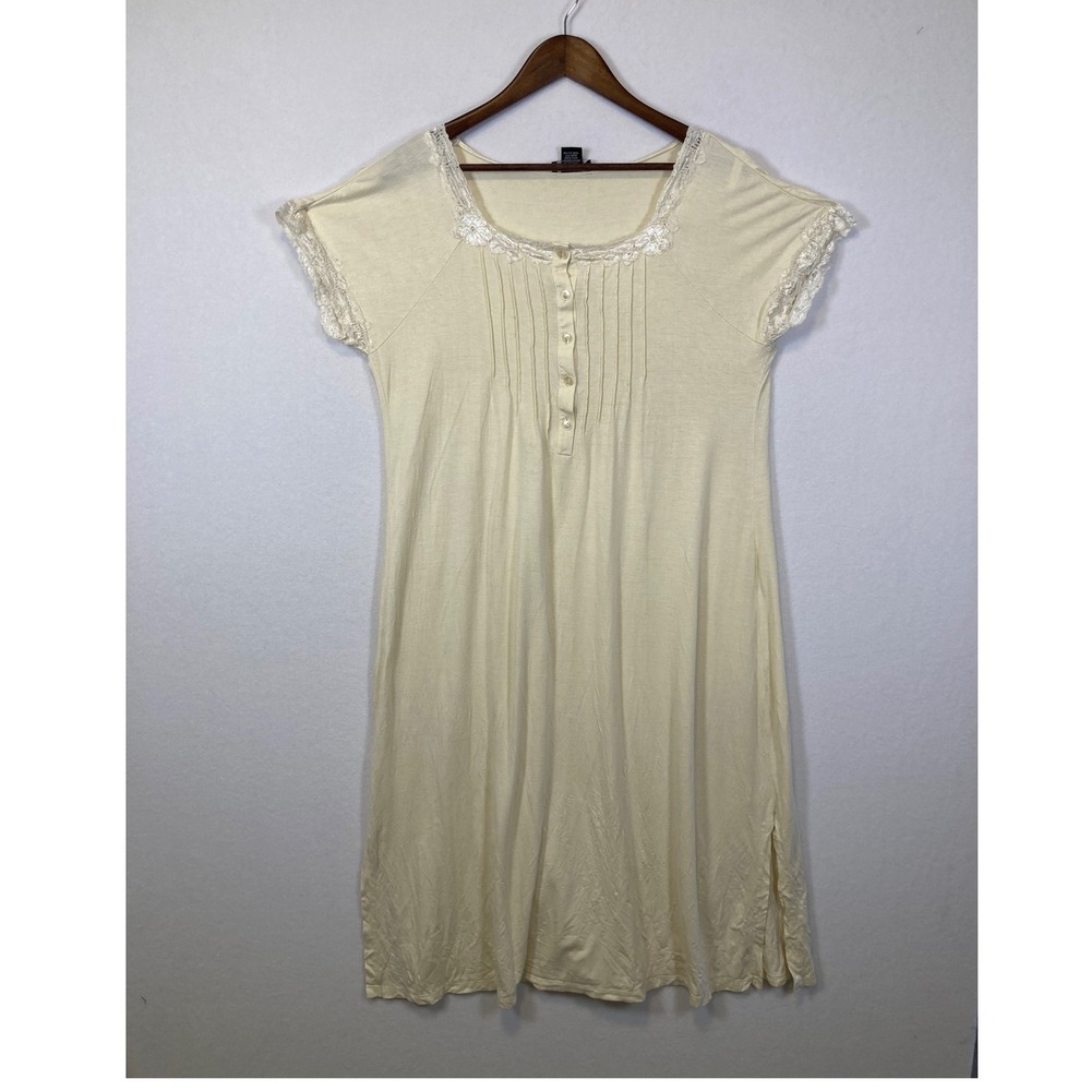 Jones New York Nightgown Women XL‎ Cream Lace Trim Pintuck Rayon Sleepwear